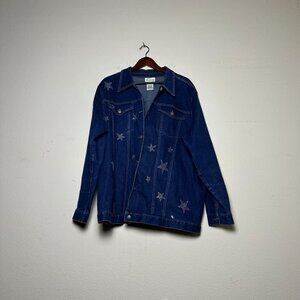 VTG The Quacker Factory Jean Denim Button Up Shirt Stars Women 2x Blue Jewel